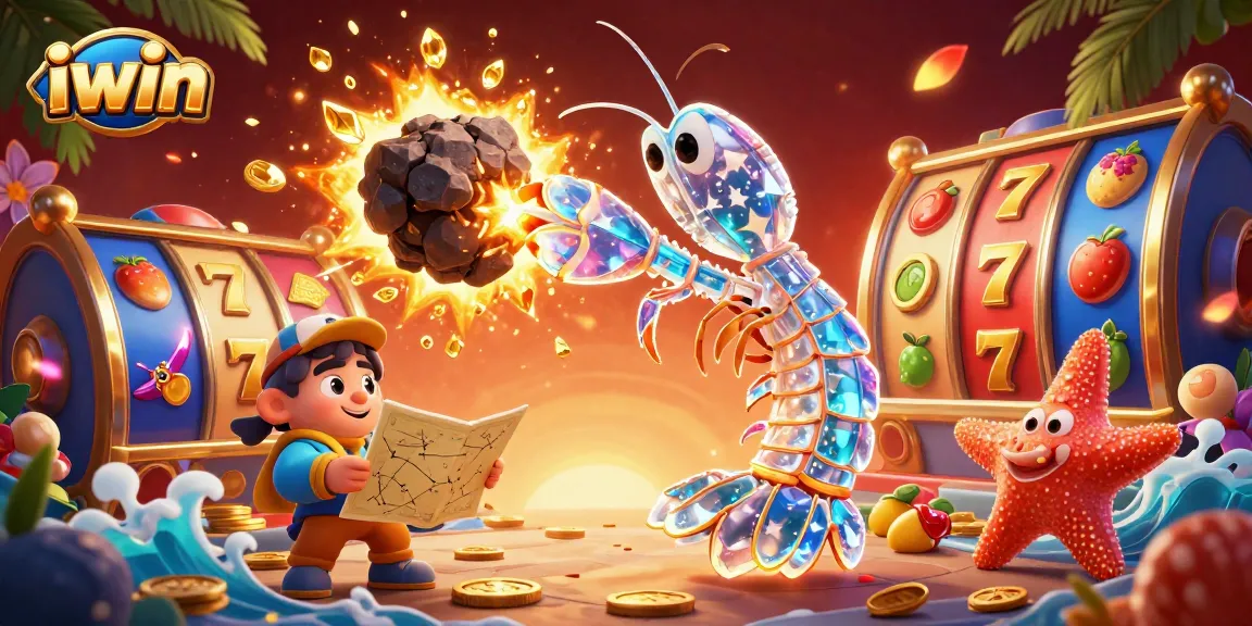 Experience exciting iwin casino action with vibrant slot reels, treasures, and animated characters.