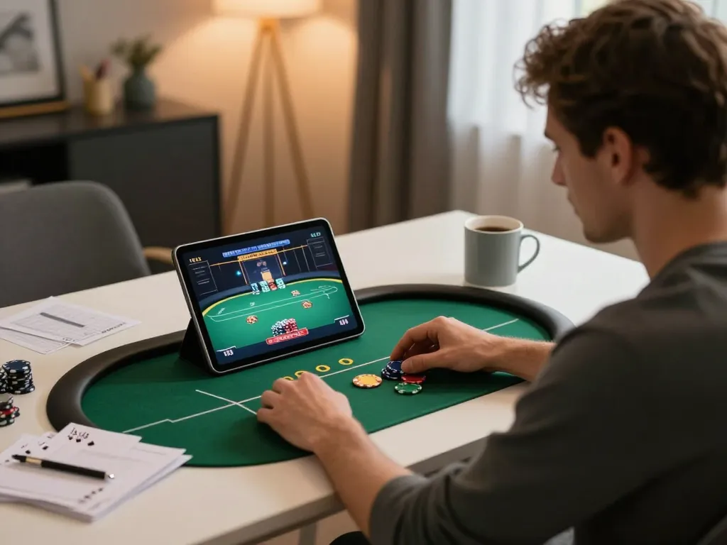 Engaging poker gameplay on lc88 platform in a stylish home office setting