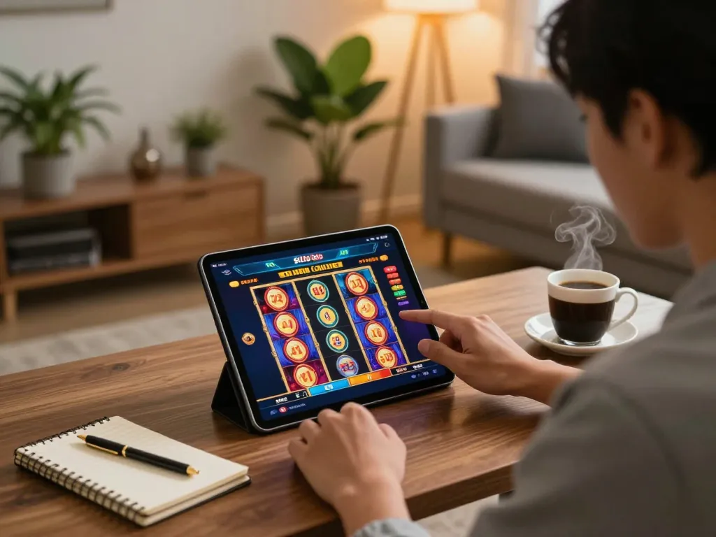 Berinteraksi dengan situs toto di tablet, permainan slot yang cerah ditampilkan dalam lingkungan rumah yang nyaman.