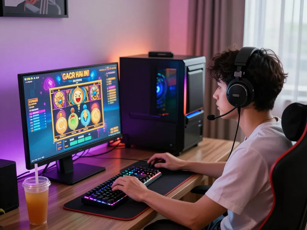 Intense gaming moment featuring slot gacor hari ini, vibrant graphics, and immersive atmosphere in a modern home setup.