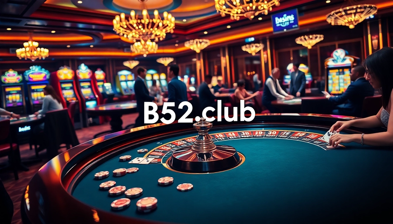 Attendees enjoying a thrilling game at the luxurious B52.club casino with poker chips and cards.