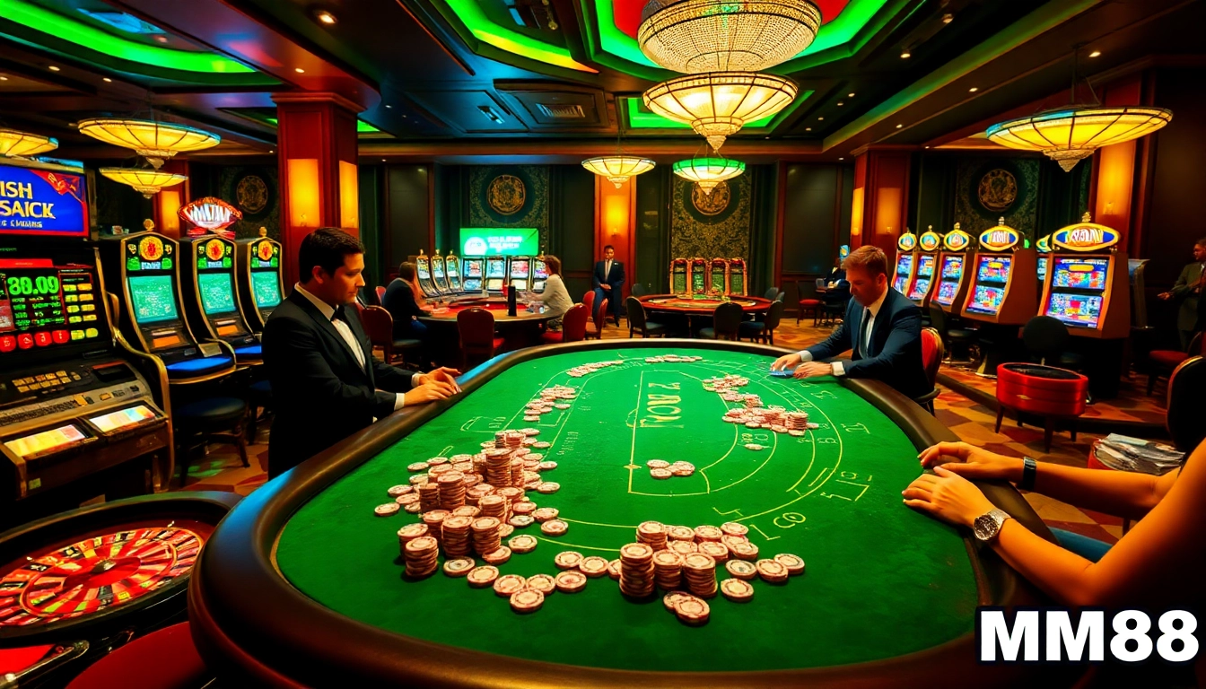 Players experiencing thrilling moments at MM88 casino with poker tables and slot machines.