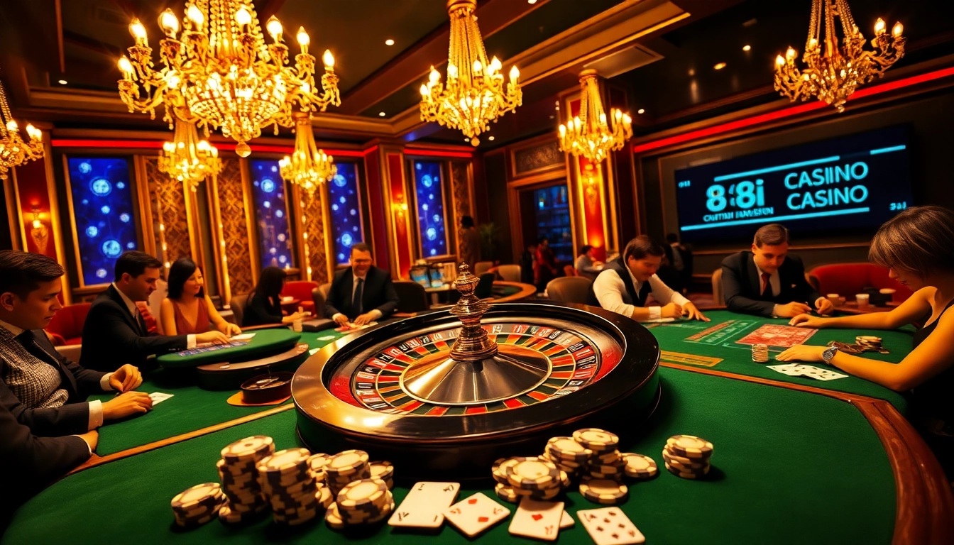 Experience the excitement of gambling with 88i at a lavish casino, featuring intense players and a roulette wheel.