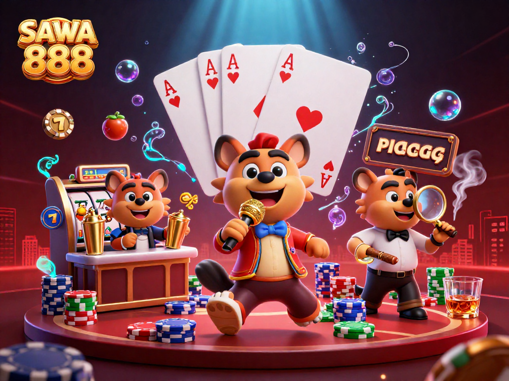 Experience the thrill of SAWA 888 with hyena characters running a vibrant casino scene.