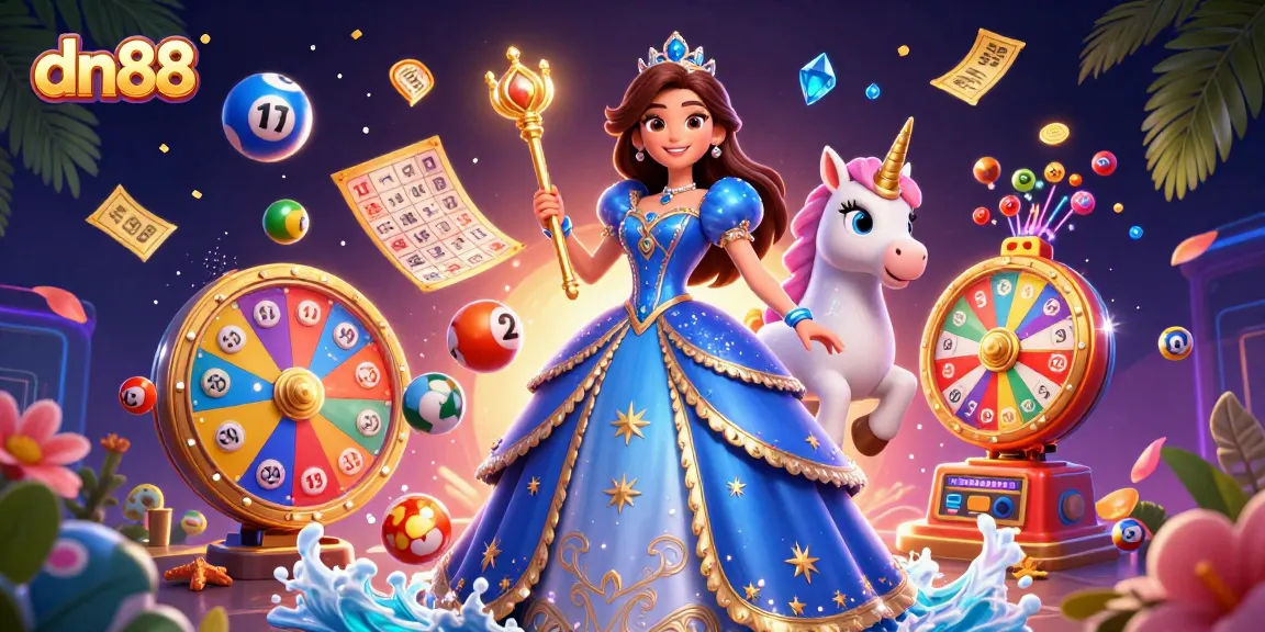 Play exciting games on dn88, featuring dynamic lottery balls and vibrant prize wheels in a colorful casino scene.