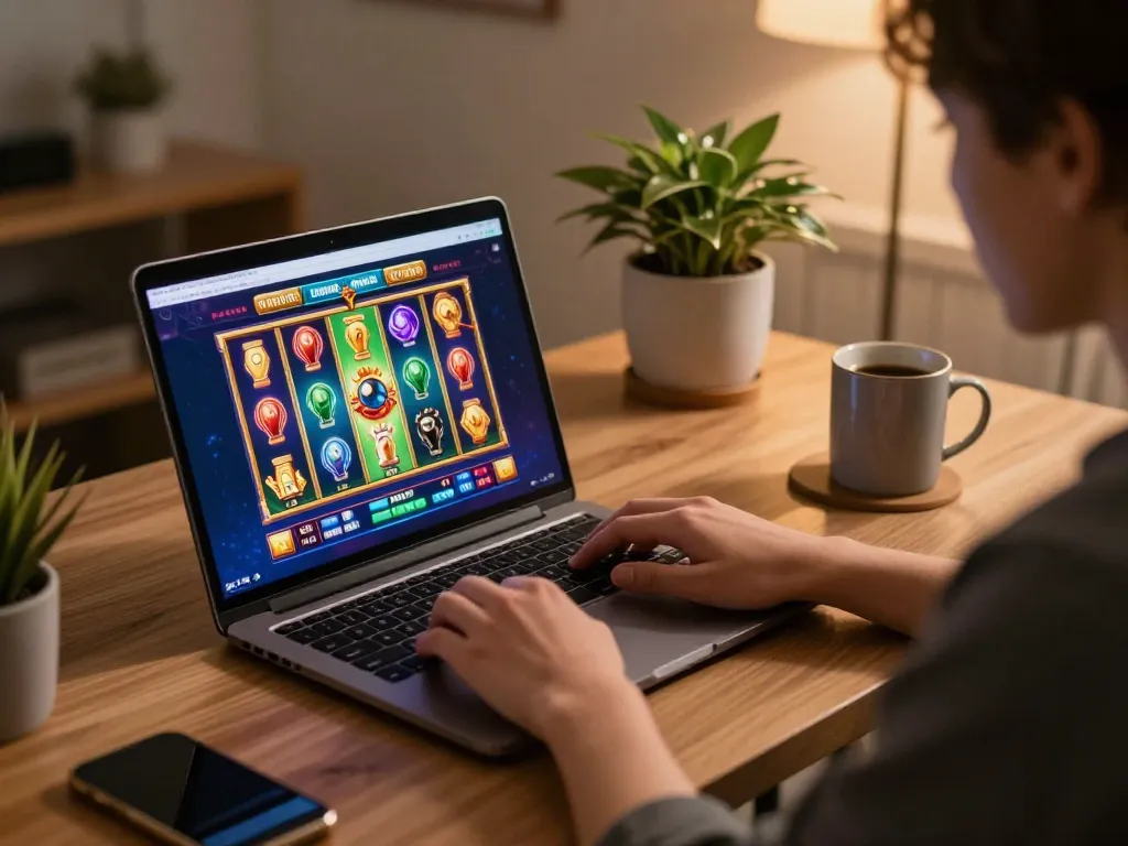 Engaged player enjoying the olympus slot game on a laptop during a cozy online gaming session.
