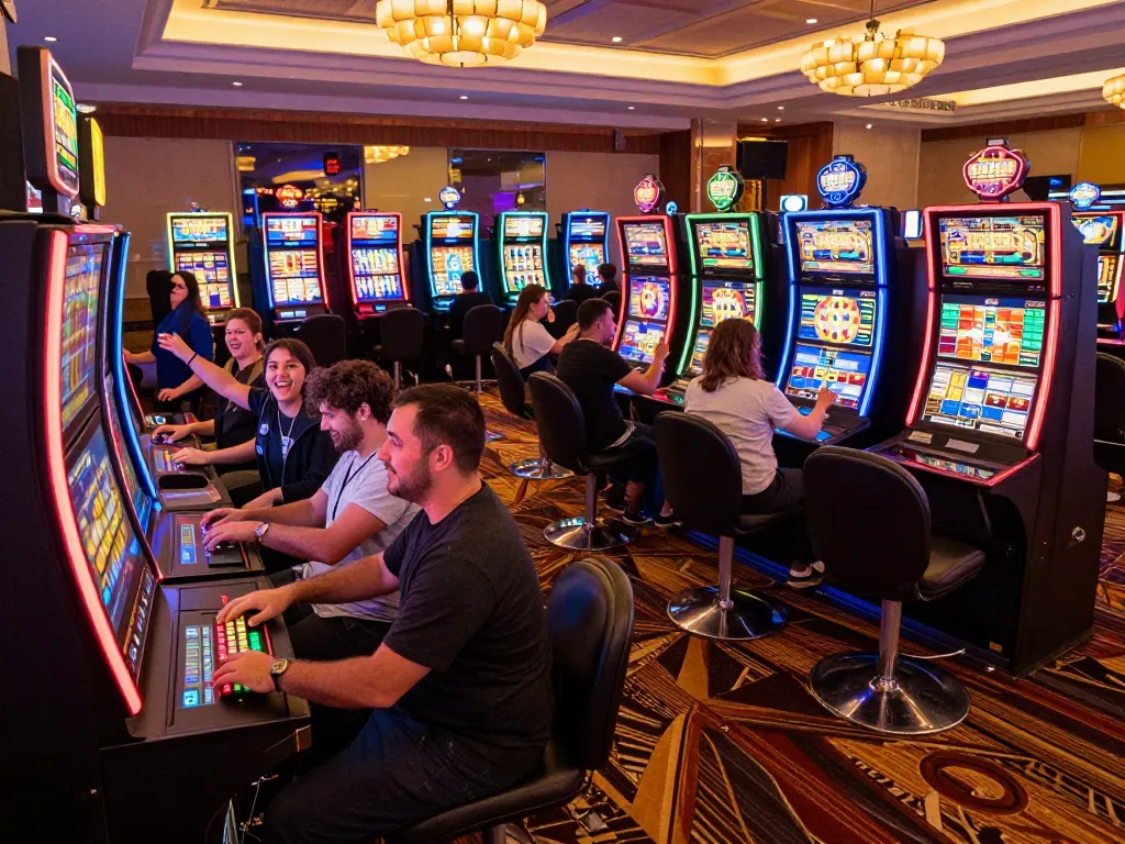 Players enjoying intense slot gacor gaming session on the vibrant casino floor, bright machines lighting up the atmosphere