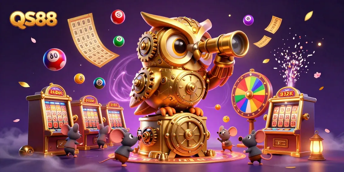 Experience the vibrant world of QS88 with its animated casino scene, featuring a golden owl and lively gaming elements.