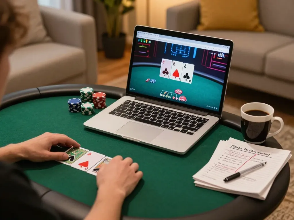 Engaging poker gameplay on king33 platform in a cozy home setting, showcasing strategic betting actions