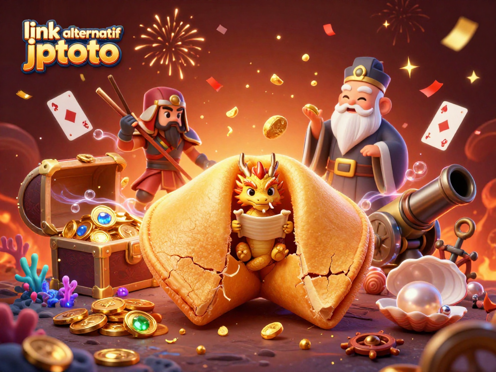 Immerse in the vibrant action of link alternatif jptoto with a dynamic 3D illustration featuring a golden cookie and gaming elements.