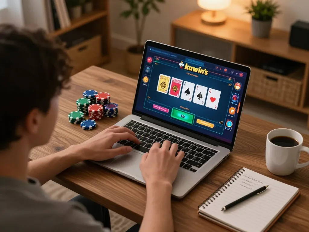 Engaging online poker session on kuwin, showcasing vibrant cards and chips in a cozy home setup.