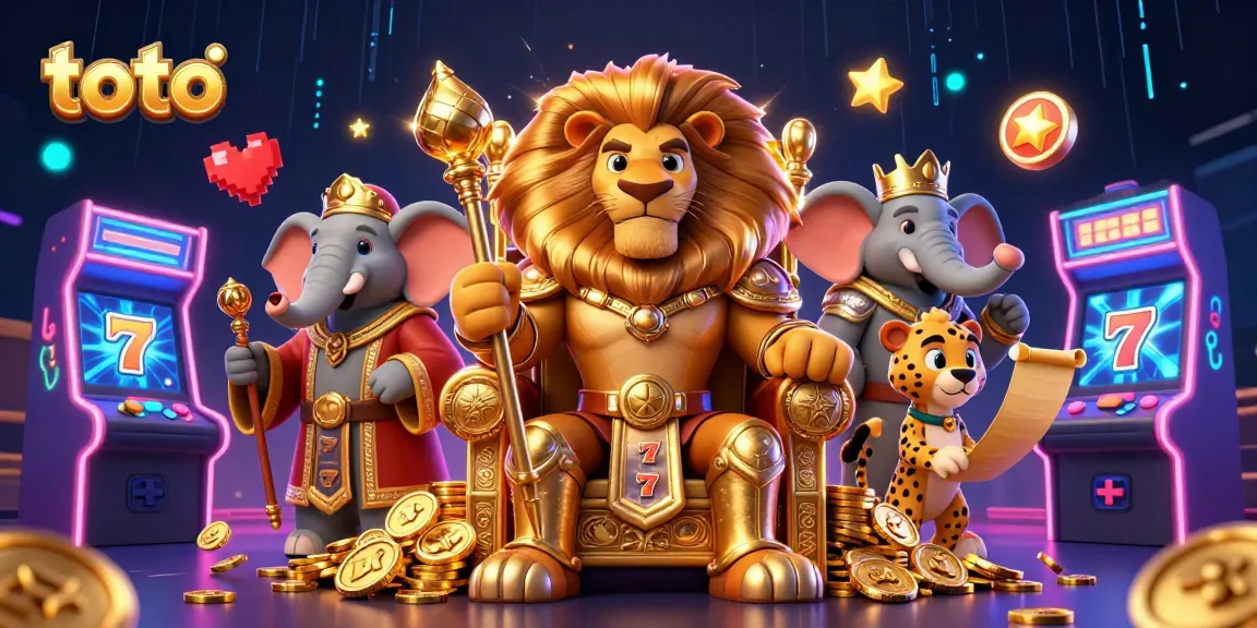 Toto slots action featuring a lion king and friends amidst vibrant casino elements.