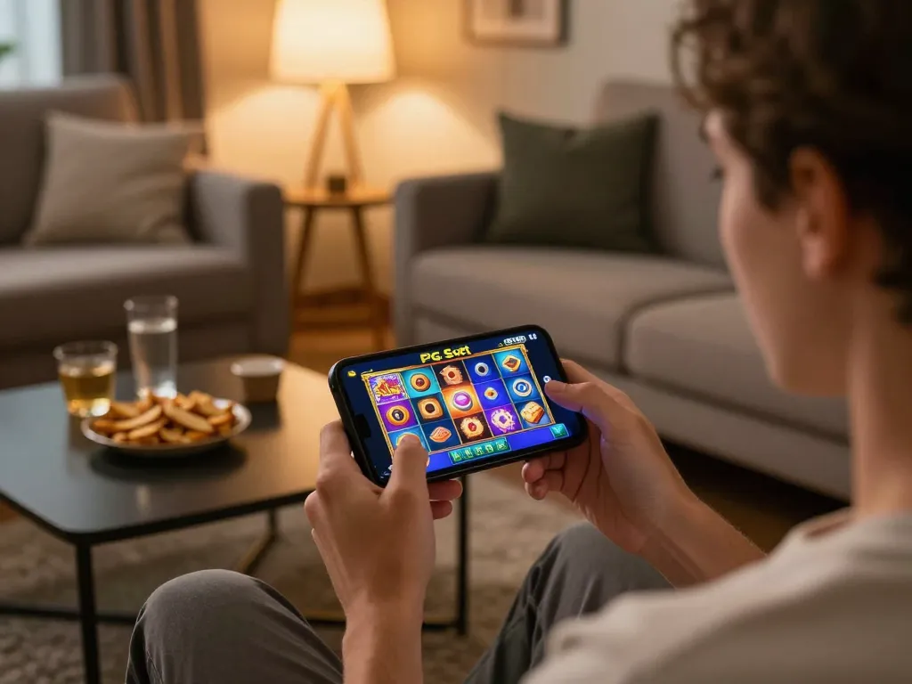 Terlibat dalam permainan slot mobile PG Soft di smartphone, menampilkan grafik berwarna-warni dan suasana rumah yang nyaman