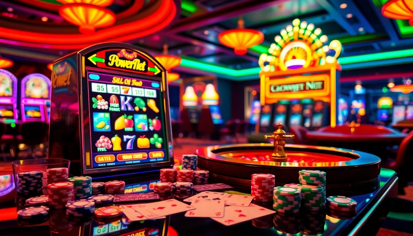 Exciting PowerNet slot machine in a vibrant casino setting filled with poker chips and cards.