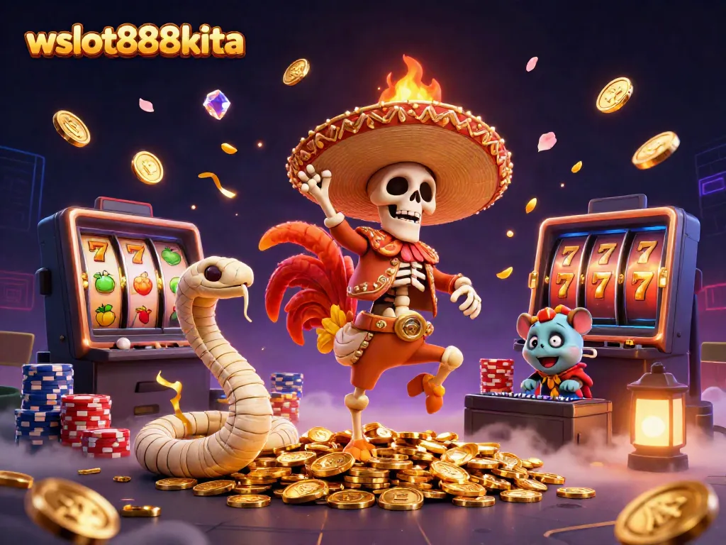 Permainan slot di wslot888kita dikelilingi karakter kartun berenergi dan koin emas cascada.