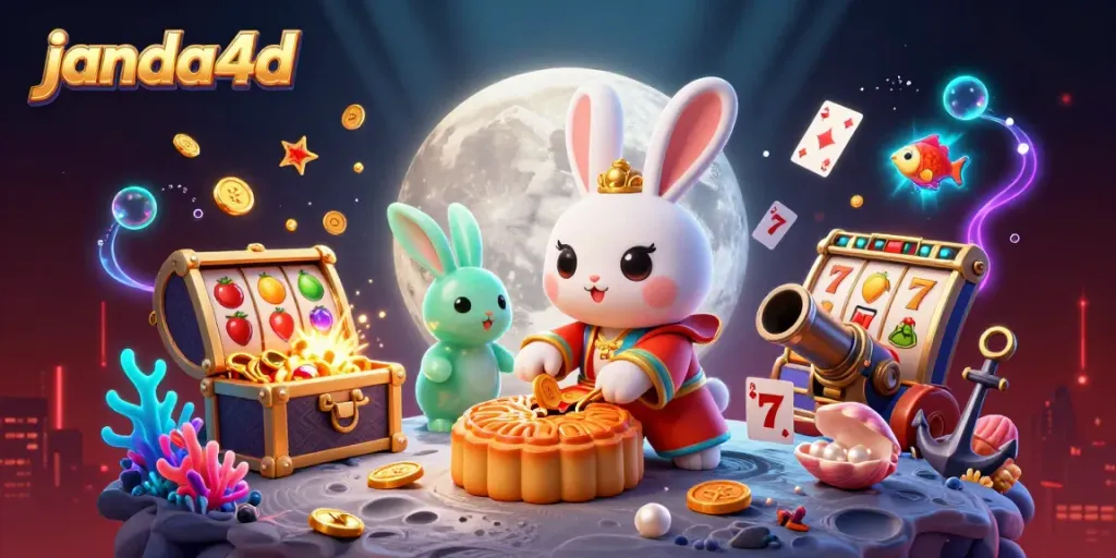 Janda4d menghadirkan gambar digital 3D kucing bulan dengan elemen kasino unik seperti simbol slot dan chip poker.