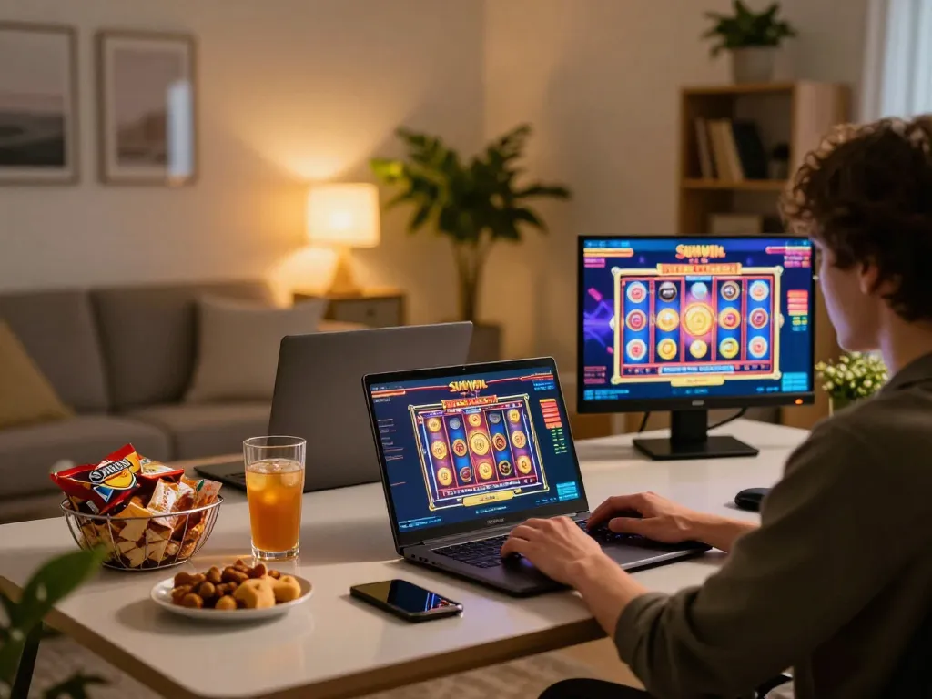 Engaging in exciting gaming on Sun Win online platform at home with vibrant visuals.