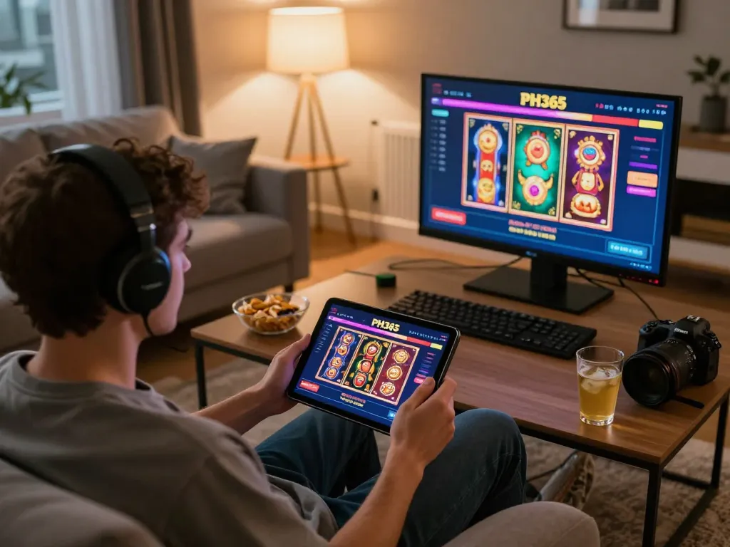 Engaging online gaming experience on PH365, showing tablet interface and a cozy setting.