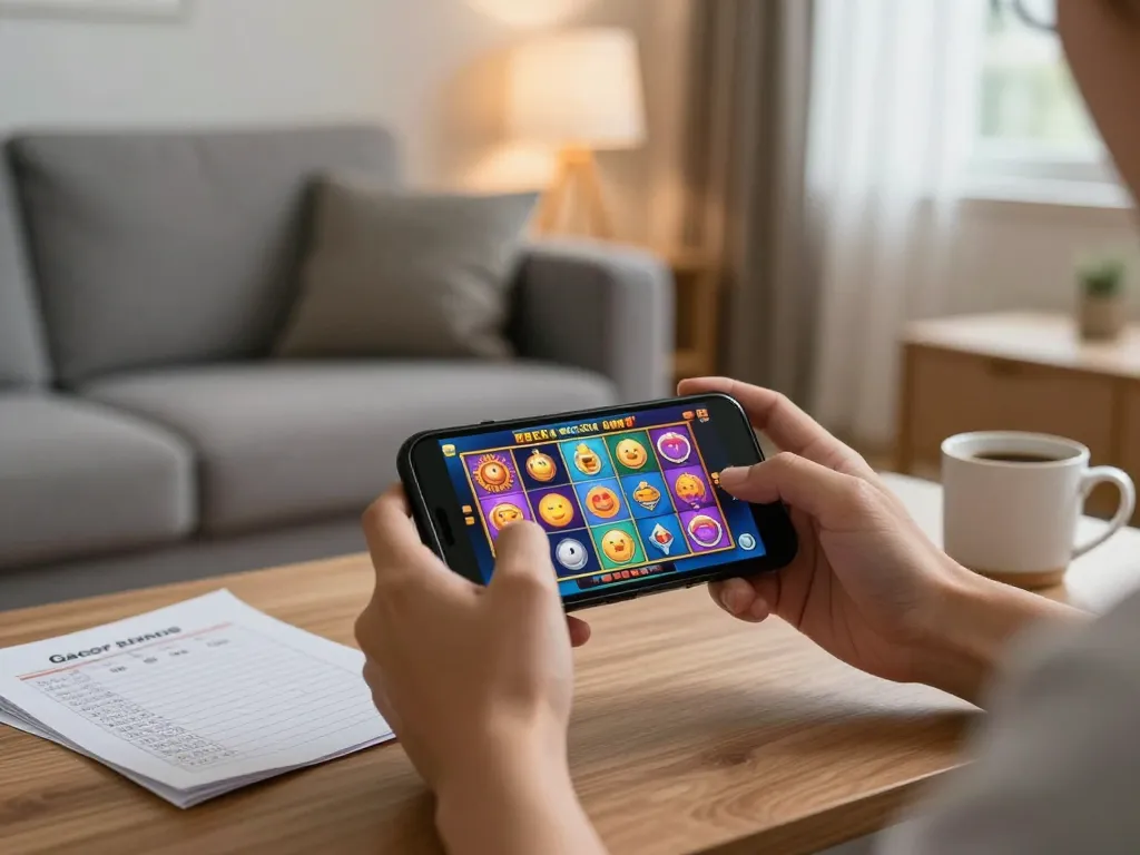 Pemain yang terlibat menikmati aman788 slot gacor di smartphone dalam lingkungan rumah yang nyaman