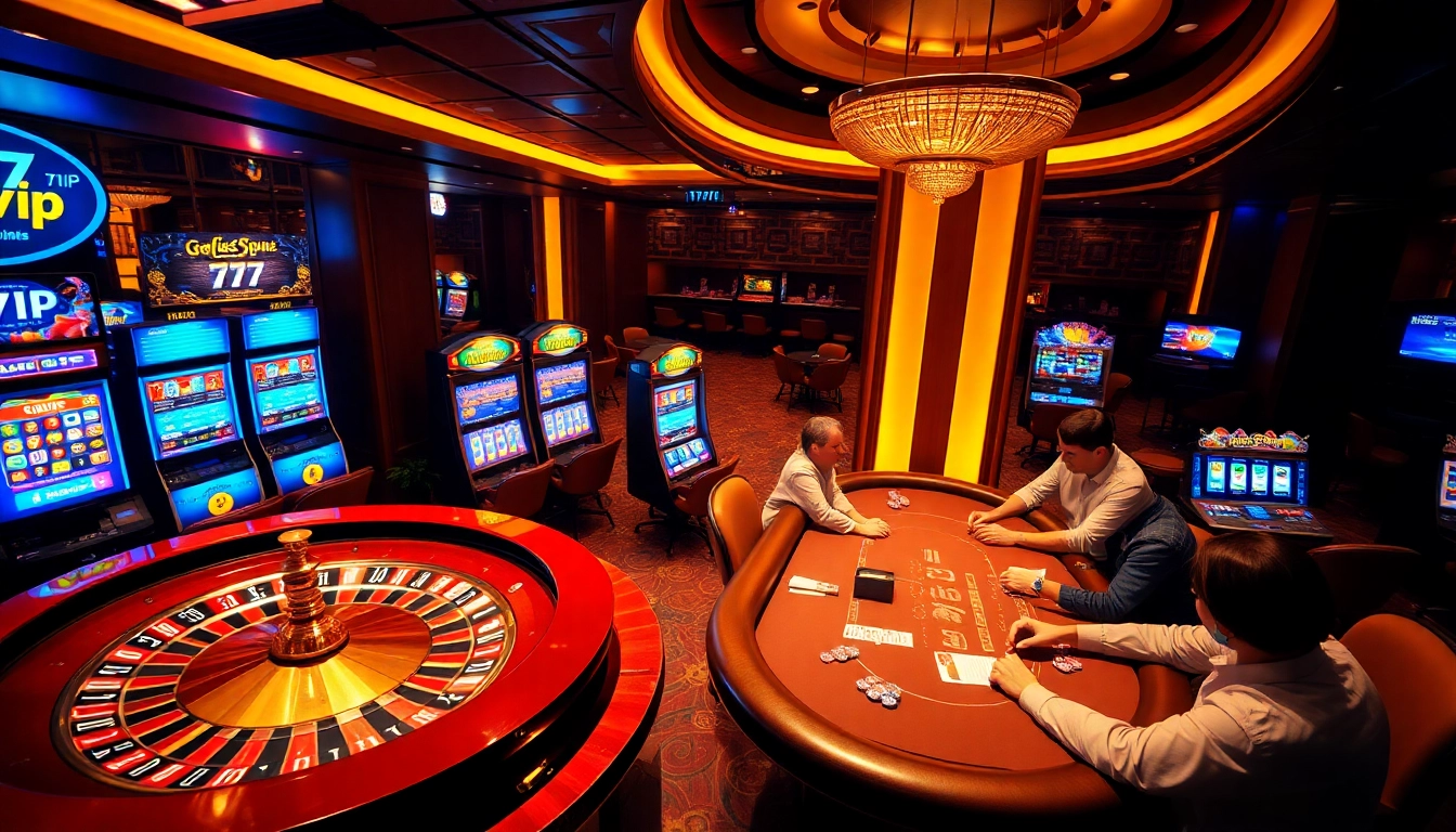 A vibrant casino scene highlighting 777vip with engaged players at tables and bright slot machines.