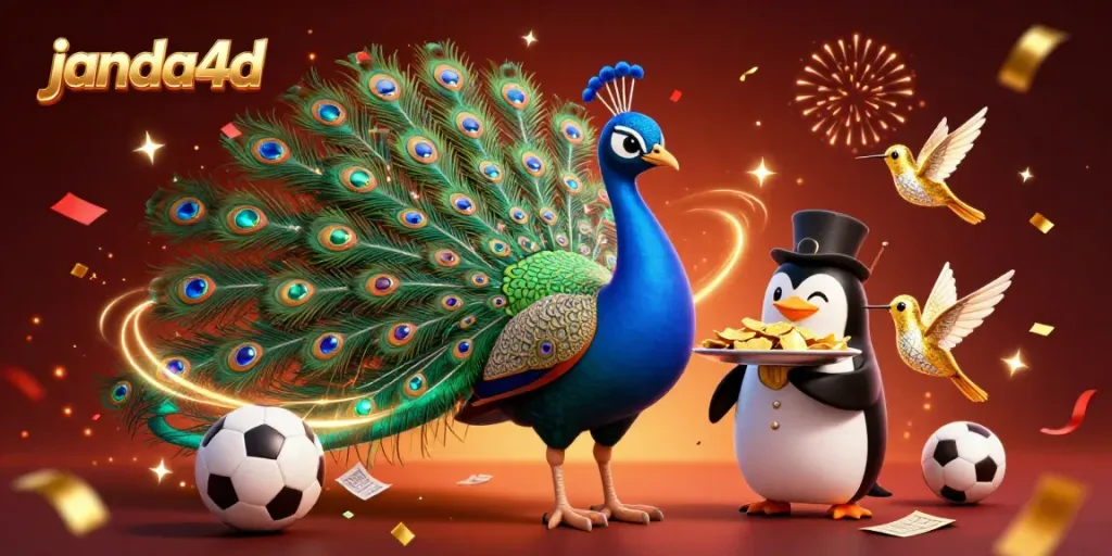 janda4d menampilkan ilustrasi kasino dengan burung merak dan penguin pelayan dalam suasana meriah