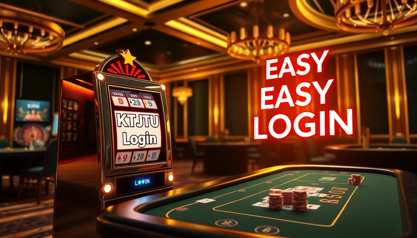 KTPJITU login prominently displayed on a luxurious casino slot machine amidst a vibrant gambling scene.