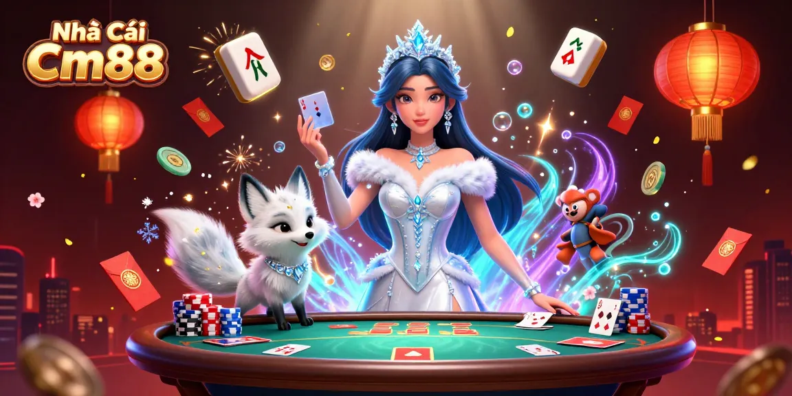 Engage with Nhà Cái Cm88 in a vibrant casino scene showcasing poker tables, lucky red envelopes, and festive decorations.