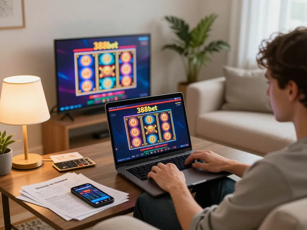 Engaging in online casino gaming at 388bet with a vibrant setup and strategy notes visible