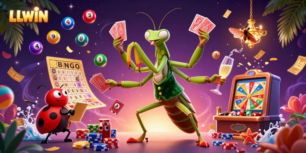 Experience the vibrant energy of LLWIN with a colorful casino-themed illustration showcasing dynamic characters and games.