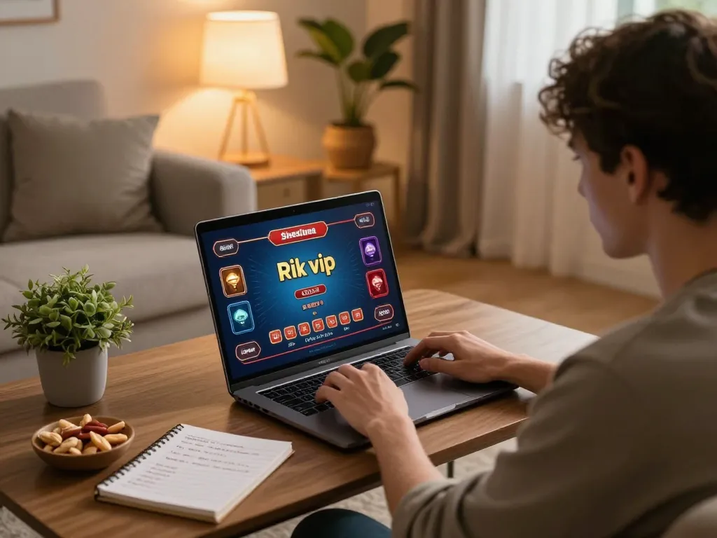 Engaging online casino gaming experience at home with Rik vip on laptop.