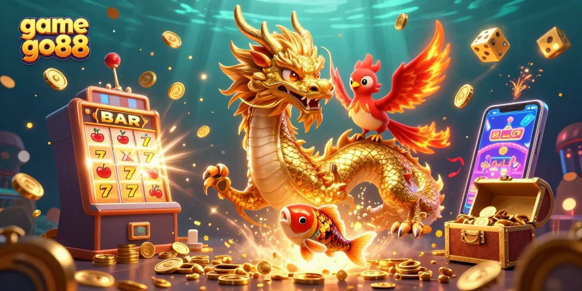 Play the exciting game go88 with dragons, phoenixes, and overflowing treasures in this vibrant casino scene