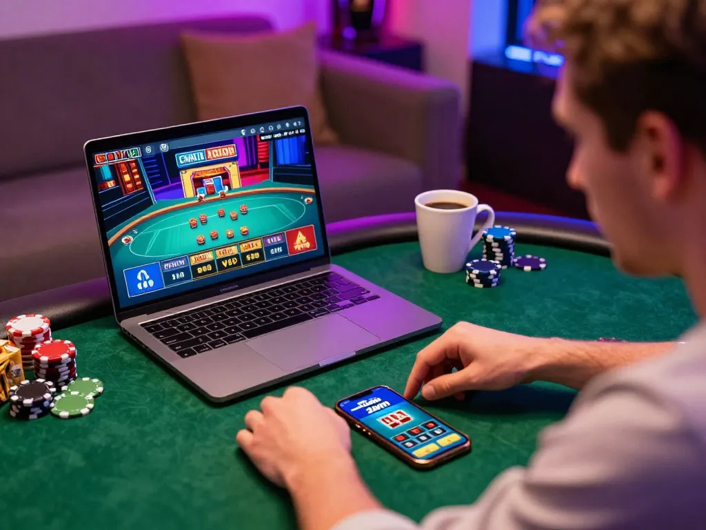 Engaging in poker gameplay on 32win's online casino platform in a cozy home setting