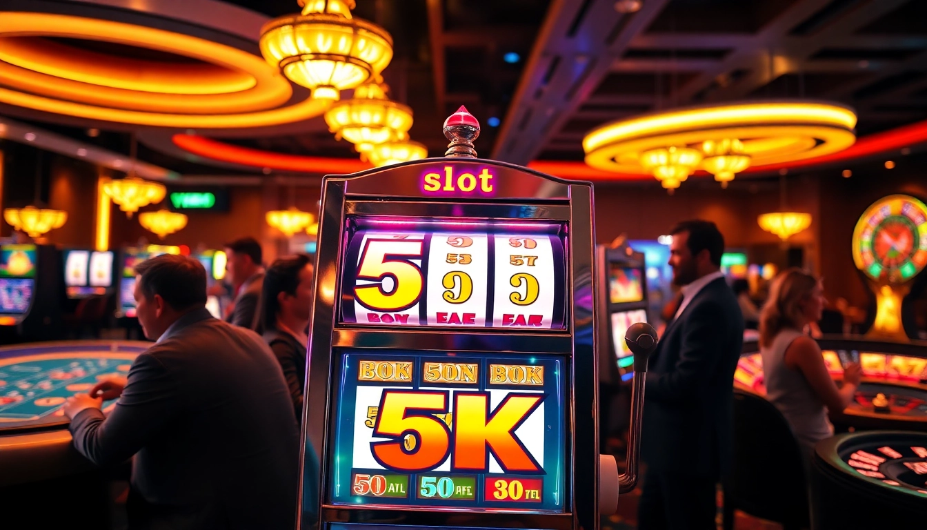 Nikmati permainan slot 5k yang mengasyikkan di kasino dengan cahaya berkilau dan suasana meriah.