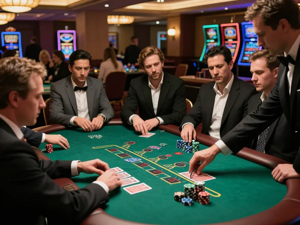 Engaged players at a blackjack table strategizing their bets at 98win. com casino.