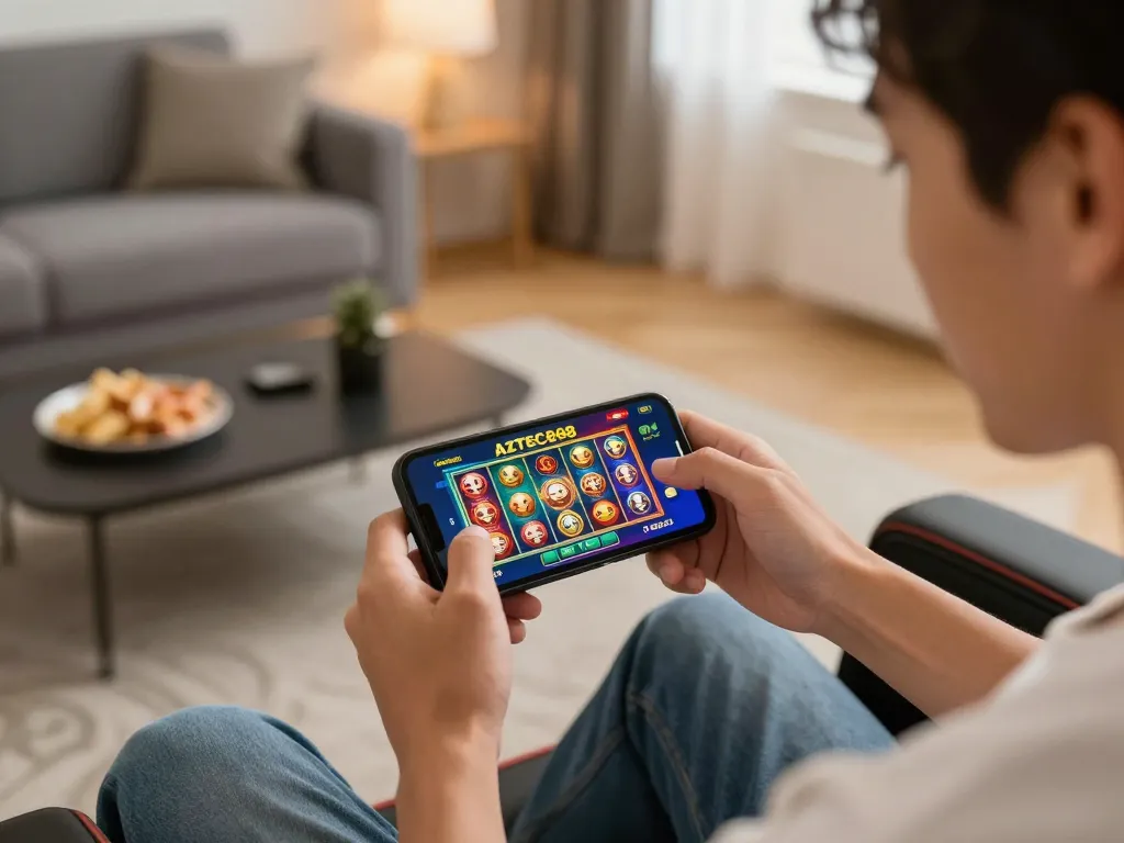 Player engaging with AZTEC888 casino app on smartphone, showcasing modern online gaming setup