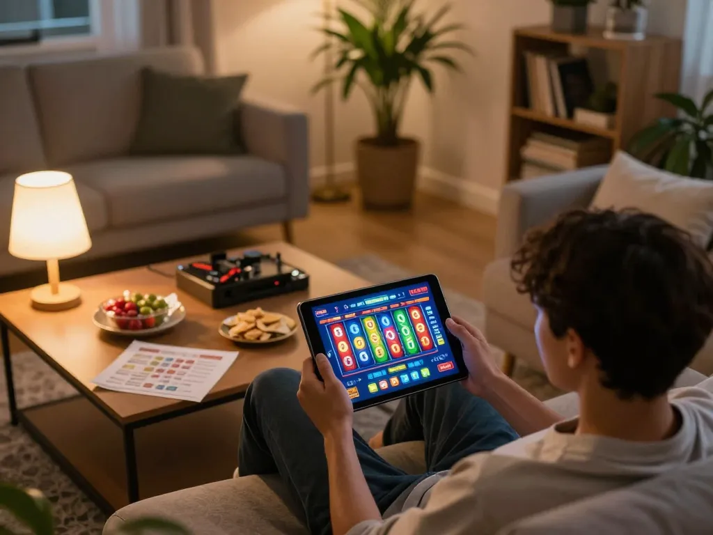 Engaging player enjoying a toto slot game on a tablet in a cozy living room