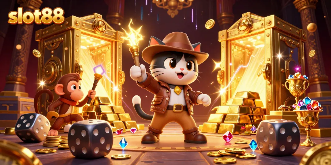 Gambar slot88 menampilkan kucing arkeolog 3D menemukan artefak kasino emas dikelilingi oleh harta karun menawan.