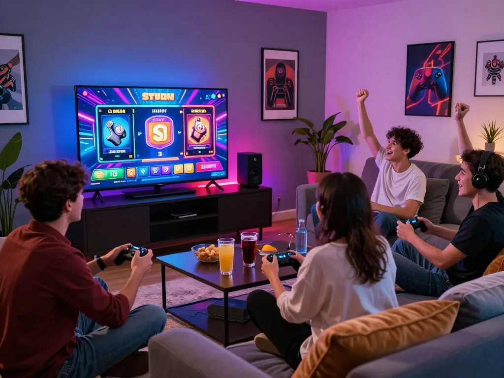 Malam permainan situs slot dengan teman-teman menikmati sesi permainan yang cerah di ruang tamu yang nyaman.