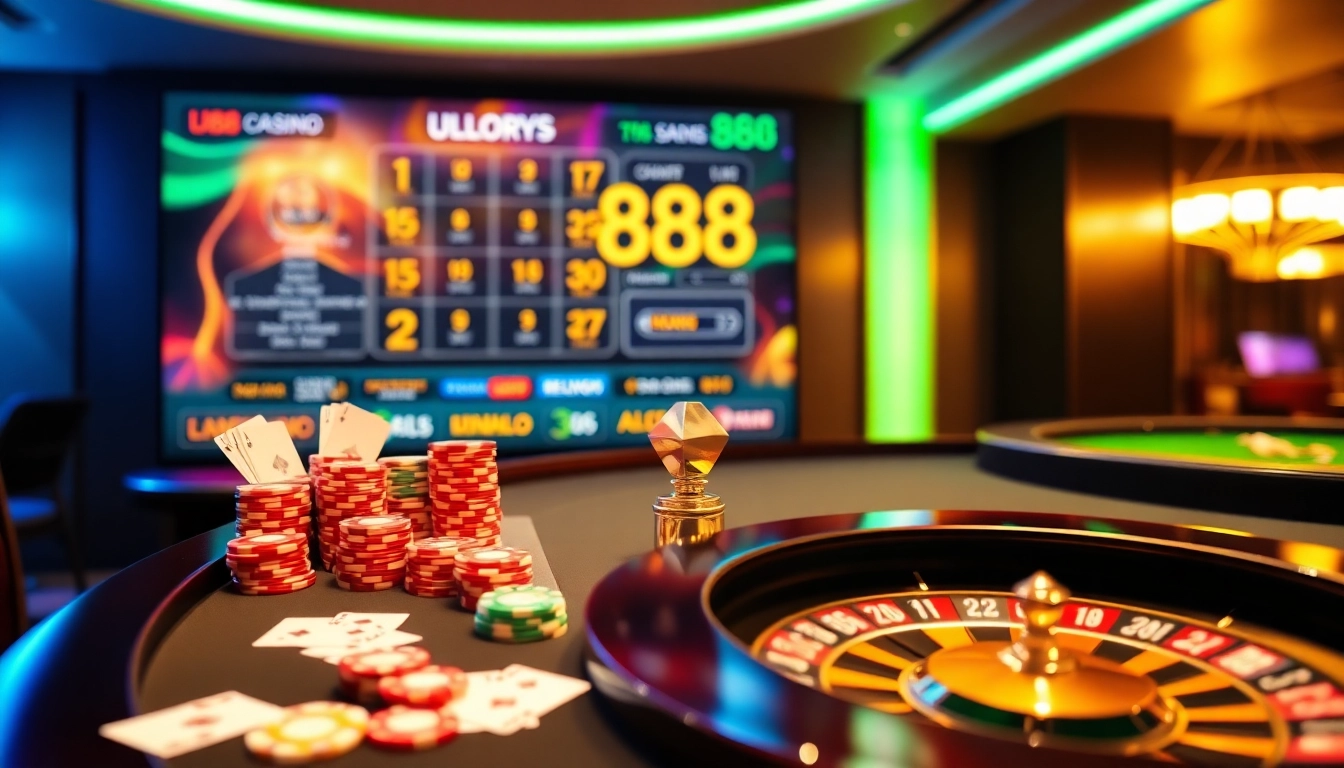 Experience the thrill of u888 with vibrant casino tables, poker chips, and exciting online gaming visuals.