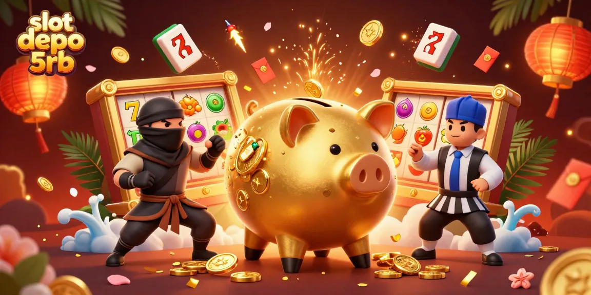 Experience fun and winning with slot depo 5rb, featuring a vibrant 3D casino scene and iconic elements.