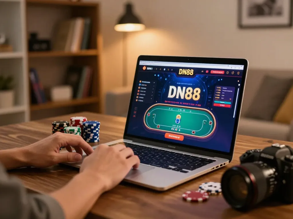 Engaged player at DN88 using laptop for online poker game, colorful chips visible.