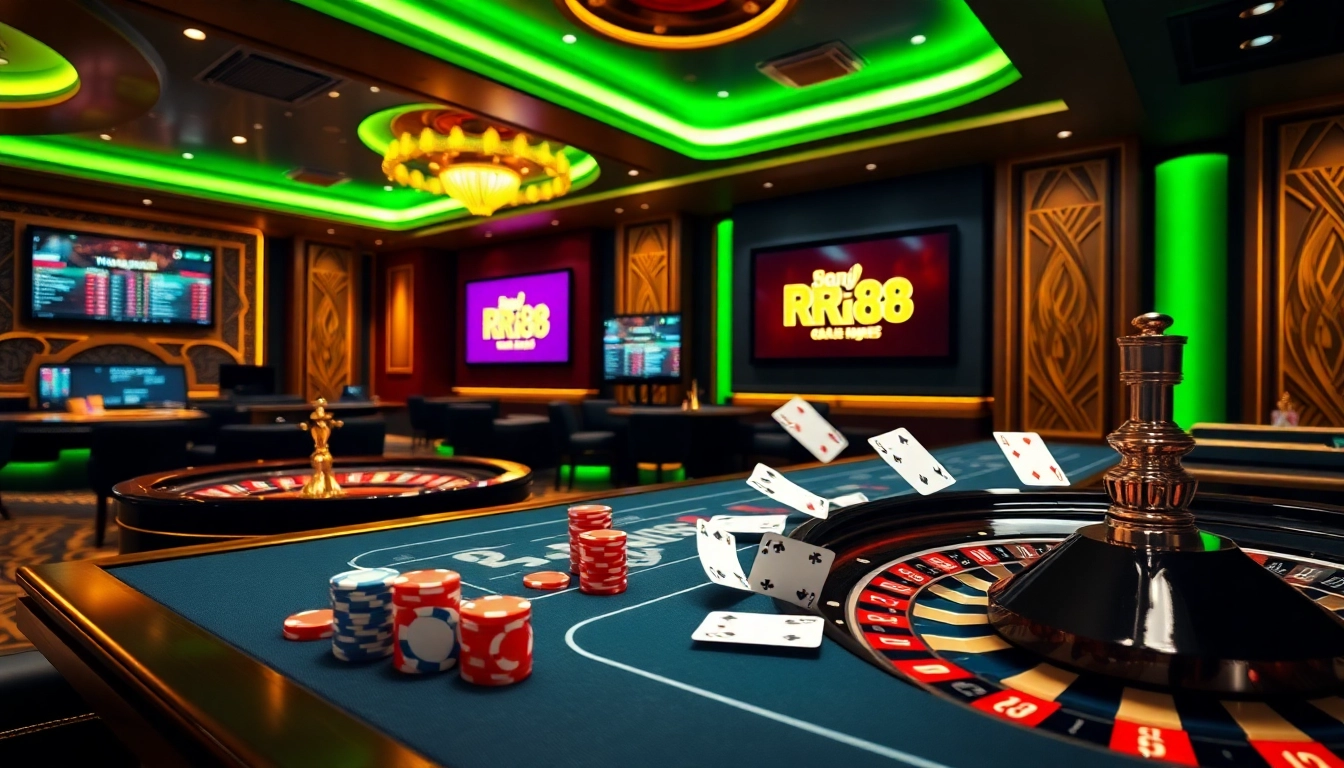 Exciting scene of RR 88 online casino with poker chips and roulette wheel in vibrant setting.