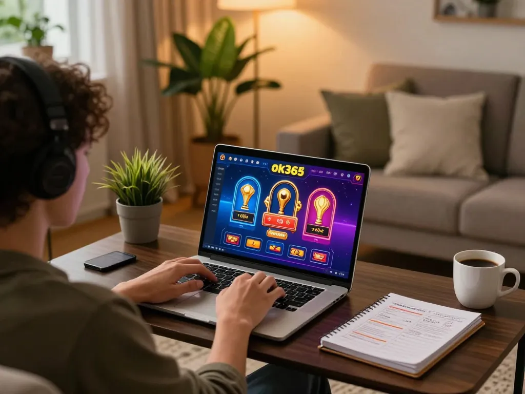 Engaging in online casino gameplay at ok365 with a colorful interface in a cozy home setting.