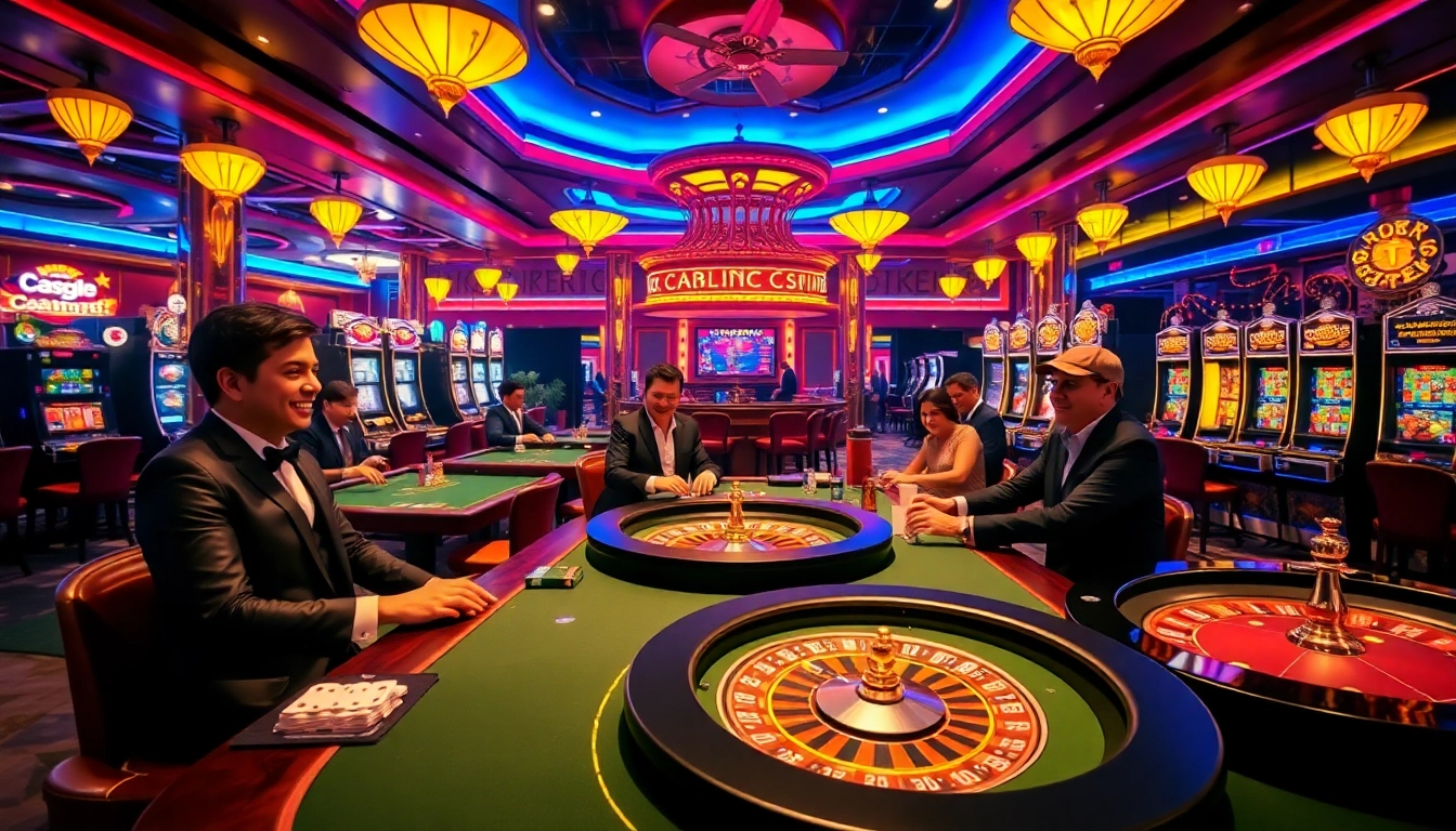 Exciting casino scene with players on luck8 gaming tables, highlighting strategic play and luxury.