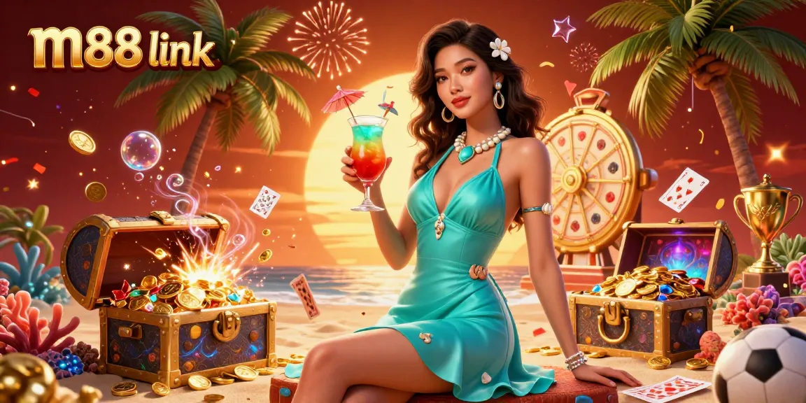 Trải nghiệm cảm giác chiến thắng với liên kết m88 trong một khung cảnh casino sôi động với những đồng tiền vàng và trò chơi.