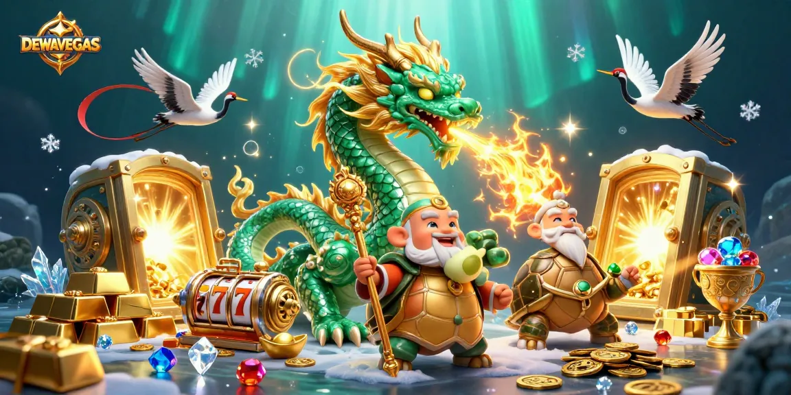 Win big at DEWAVEGAS with vibrant 3D illustration of lucky gaming symbols and mythical characters.