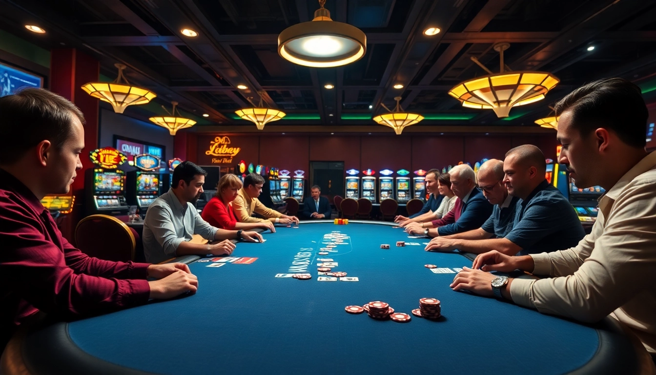 Memenangkan permainan dengan link T0812 di meja poker kasino yang ramai.