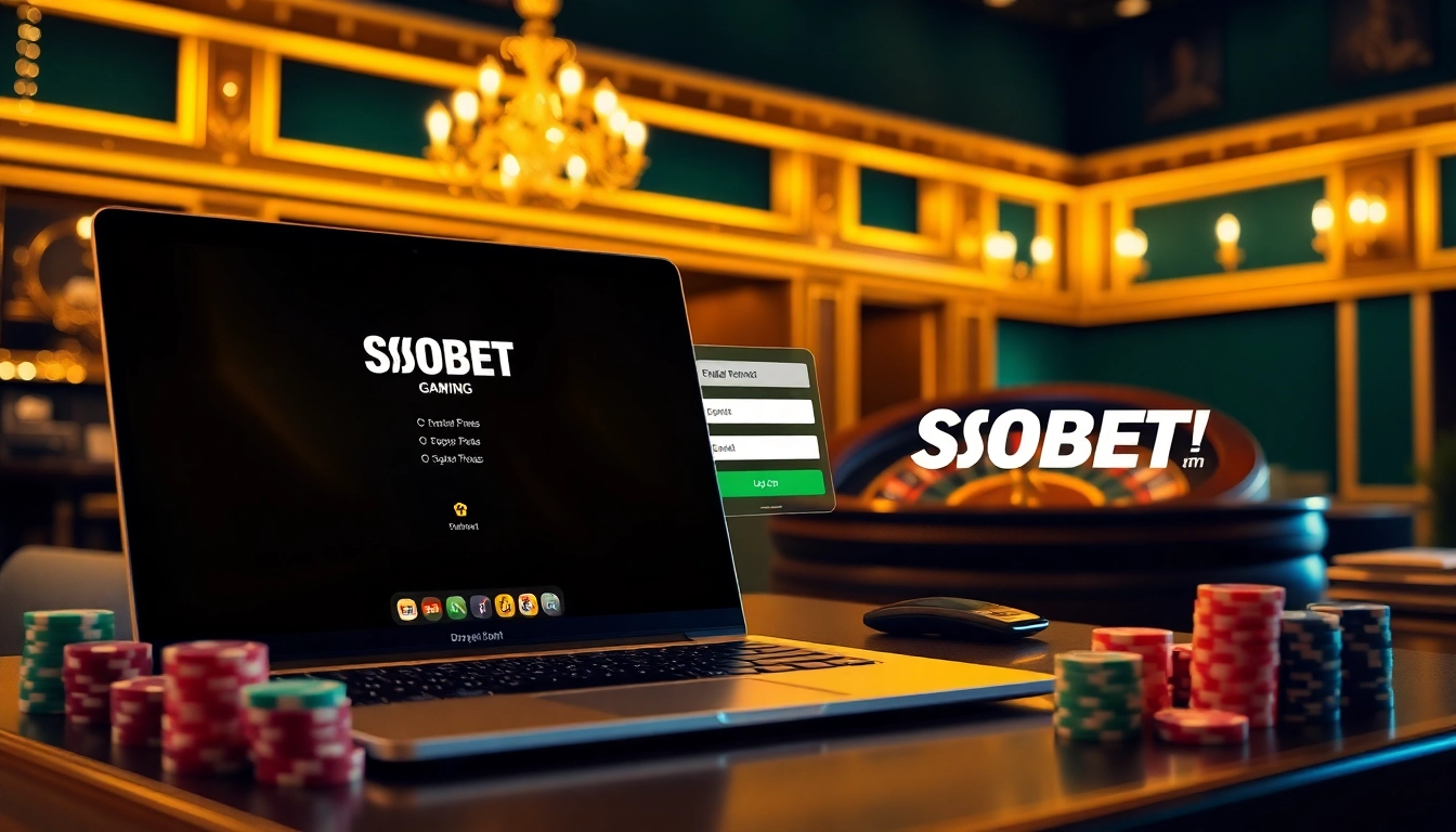 SBOBET login Indonesia interface on a sophisticated gaming setup, showcasing poker chips and a roulette wheel.