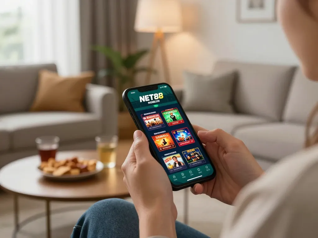 Engaging mobile gaming experience on NET88 app in cozy home setting.