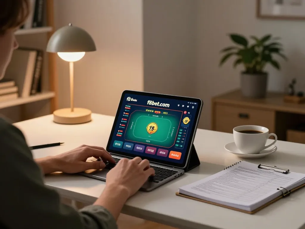 Engaged player using f8bet.com for online poker, enjoying a cozy home gaming atmosphere.